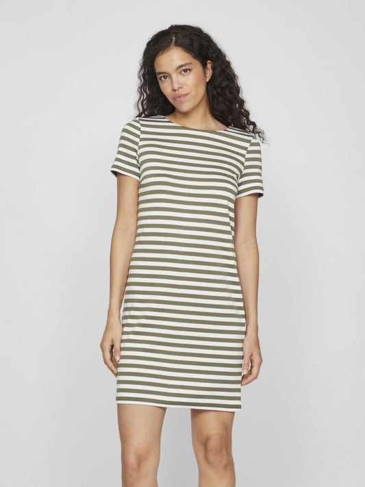 Vila Shirt Sleeve Striped Dress in Olive